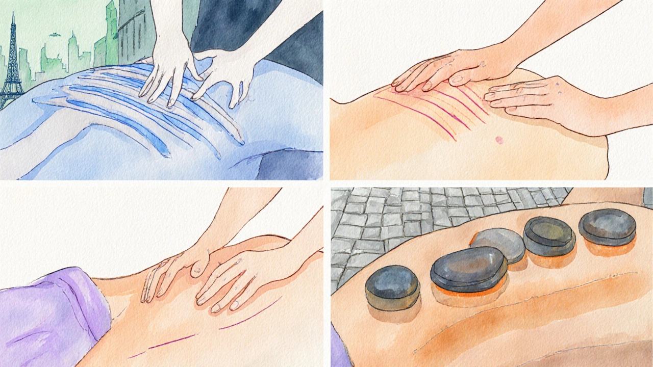 Aquarelle montrant quatre types de massage relaxant : suédois, californien, anti‑stress et pierres chaudes.