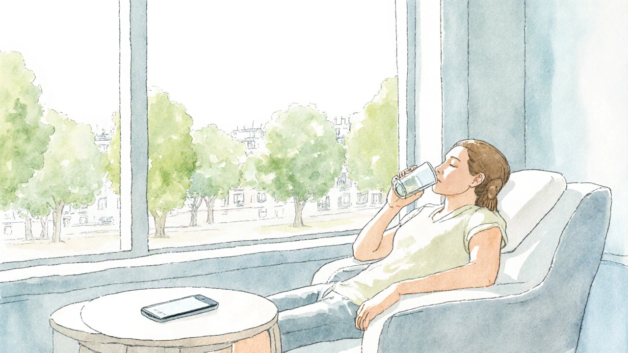 Client détendu dans un salon de spa, regardant le parc de Bercy après le massage.