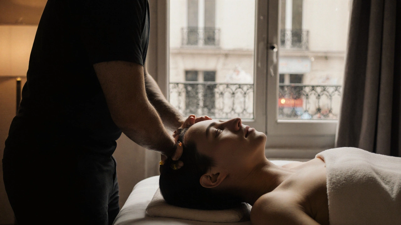 Client détendu lors d'un massage crânien dans un salon local du 19e arrondissement, lumière chaude et ambiance apaisante.