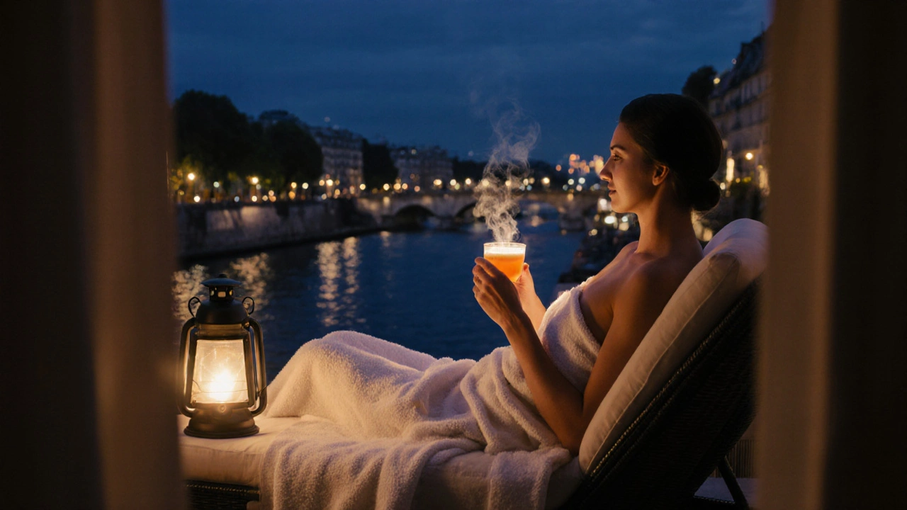 Client détendu sur un balcon parisien au crépuscule, dégustant une tisane, vue sur la Seine.