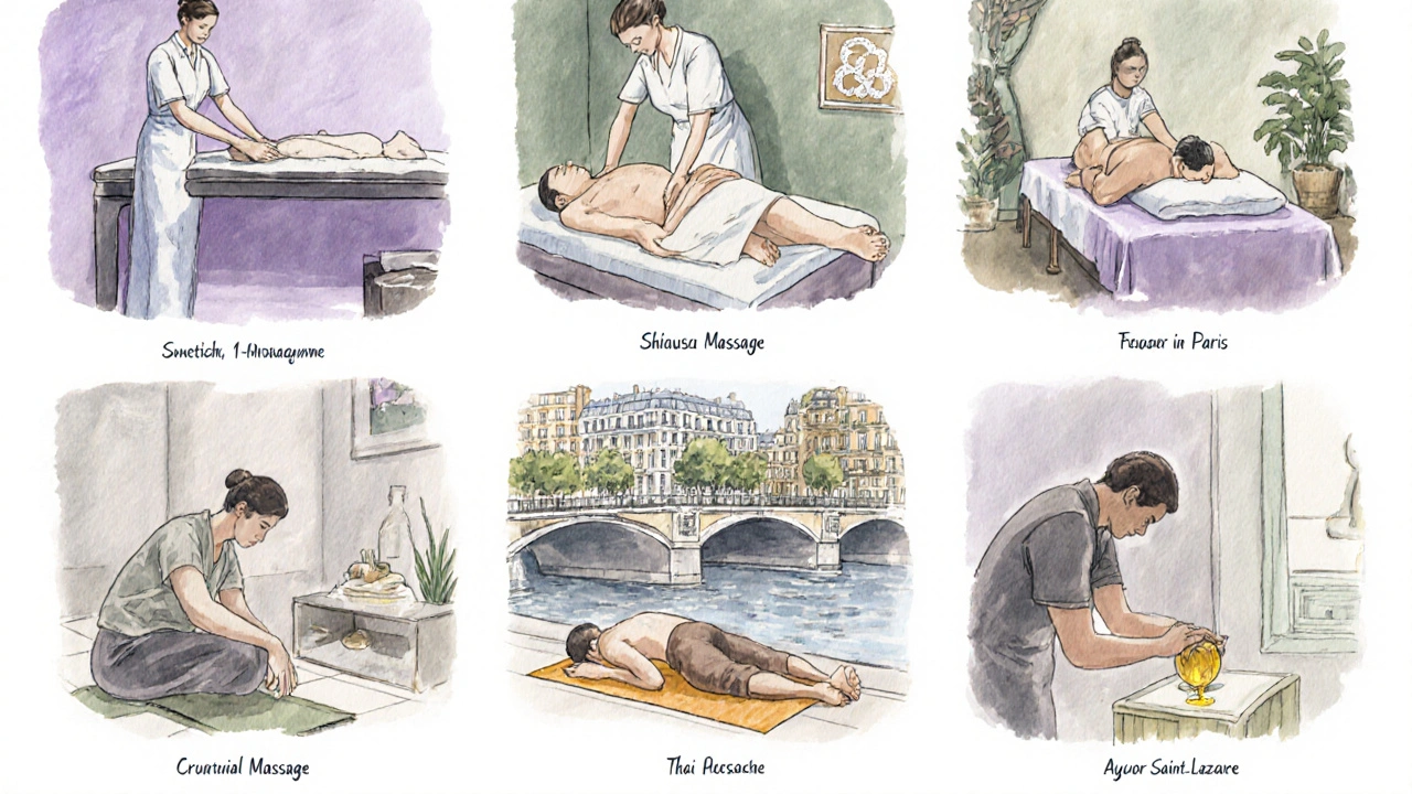 Collage illustrant six massages différents dans divers quartiers de Paris.