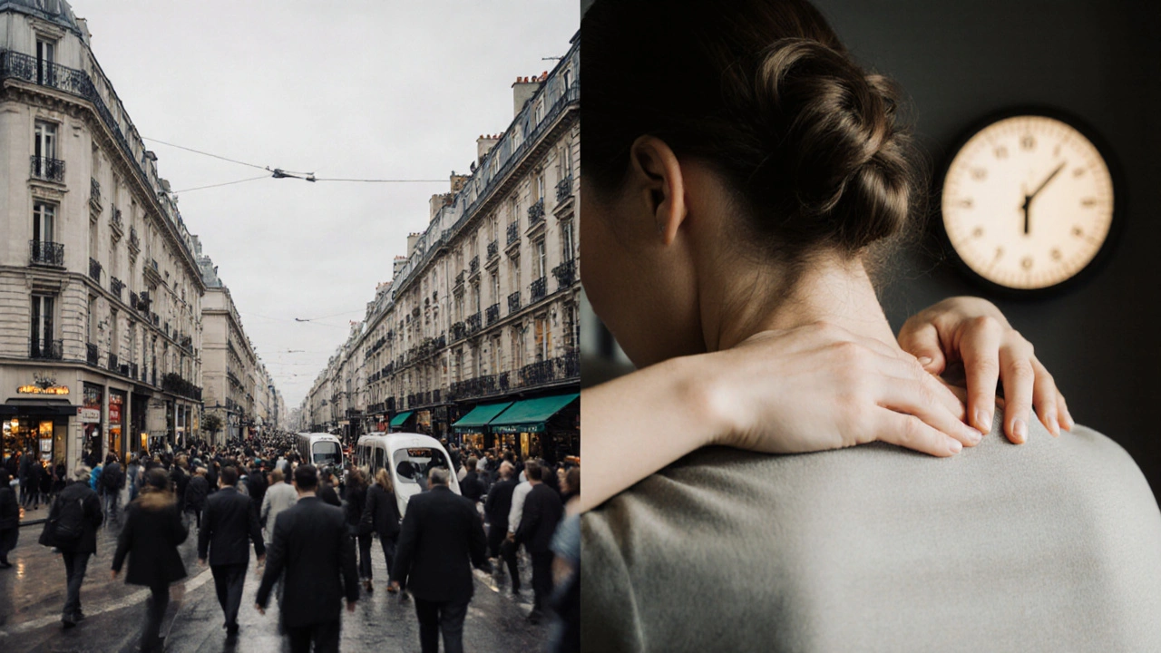 Contraste entre le stress urbain de Paris et la sérénité d'un massage à domicile.