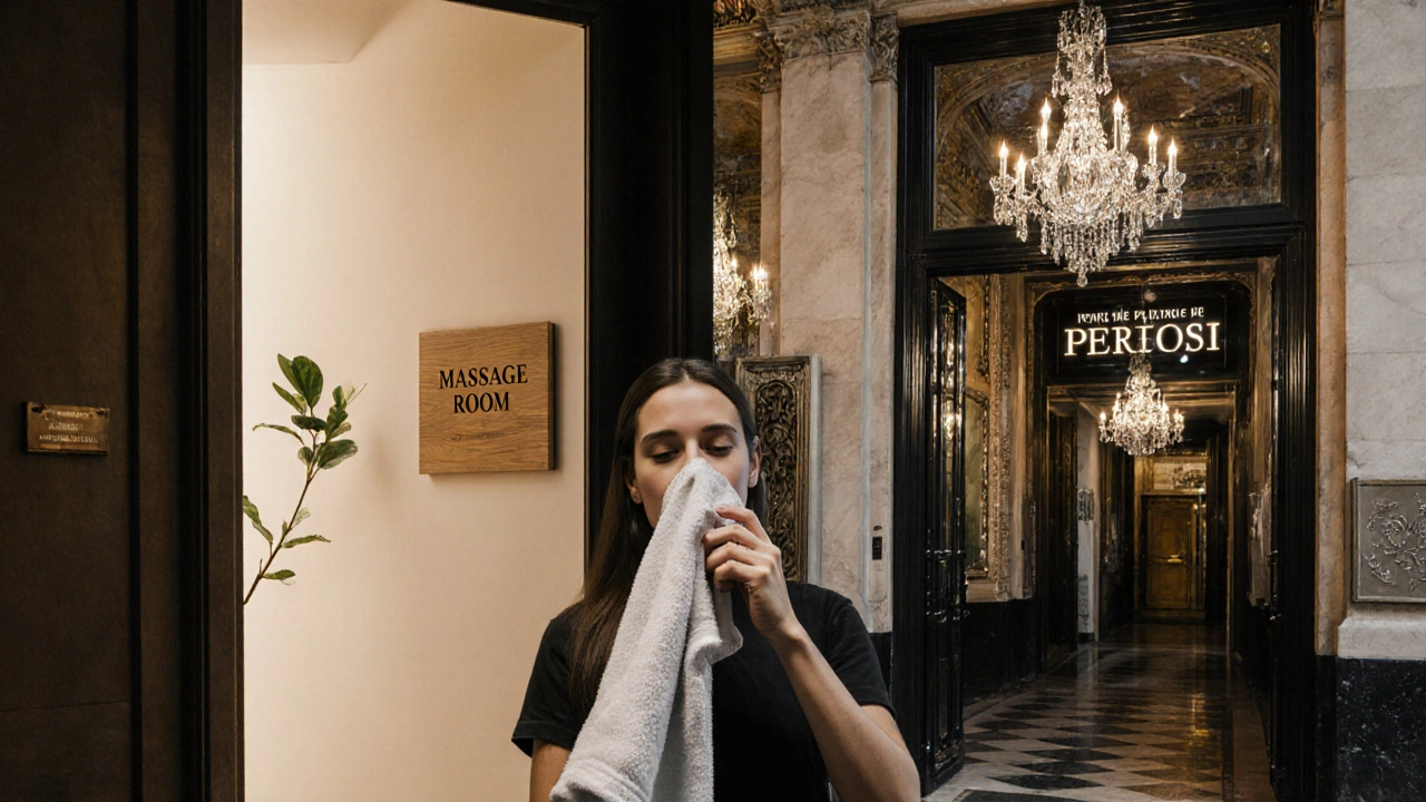 Contraste entre un salon authentique du 15e et un spa luxueux du 16e, personne en détente au centre.