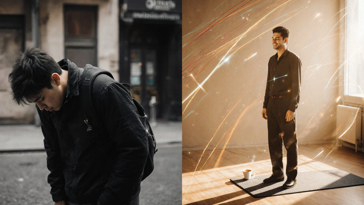 Contraste entre une personne stressée avant le massage et apaisée après, dans un cadre minimaliste à Paris.