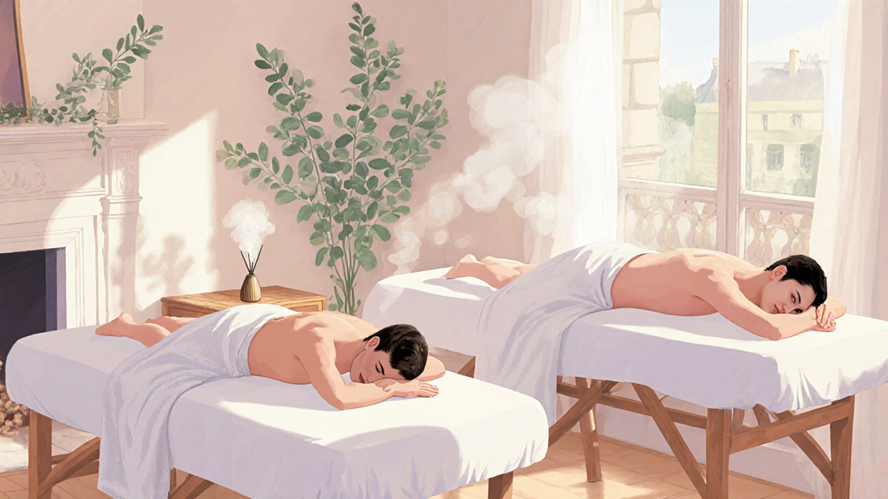 Couples en massage à domicile côte à côte dans un salon lumineux, dans un moment de paix partagée.