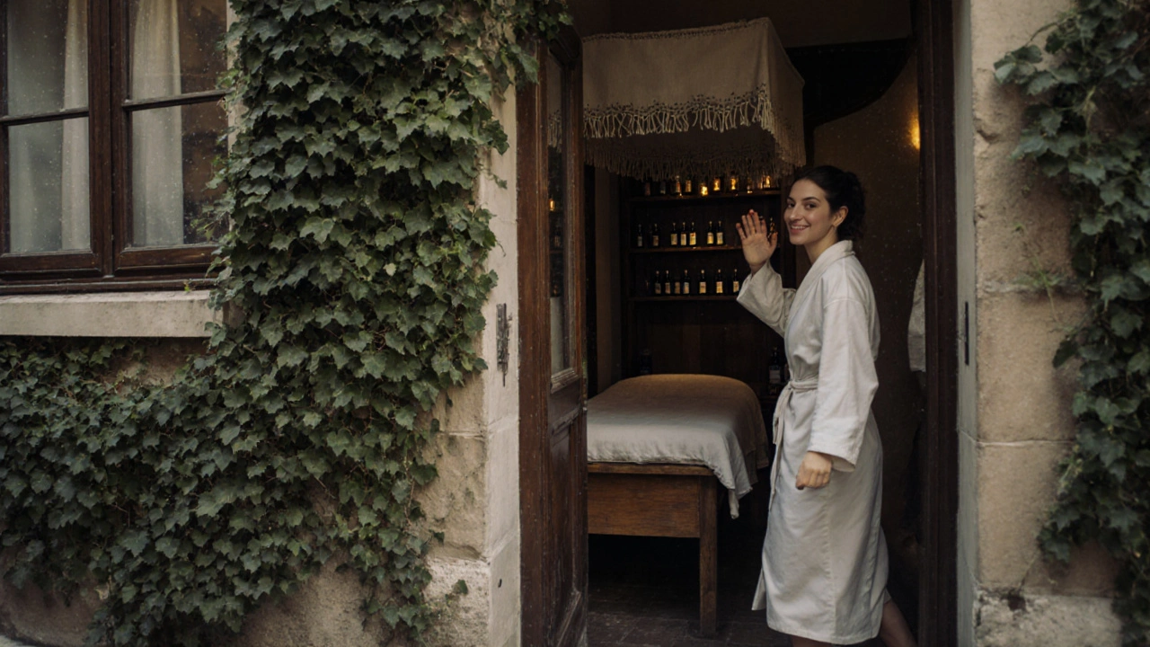 Cour cachée à Clignancourt, Paris 18, avec une porte entrouverte révélant un studio de massage intime et chaleureux.