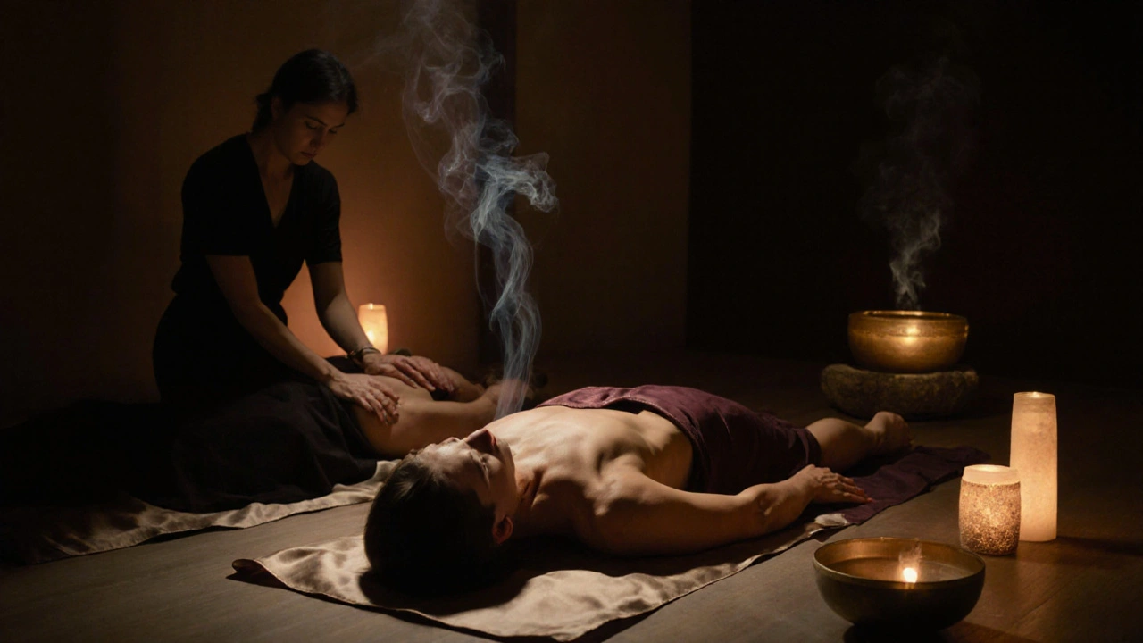 Deux personnes en massage tantrique dans une pièce calme, entourées de fumée d'encens et de lumière dorée, les yeux fermés.