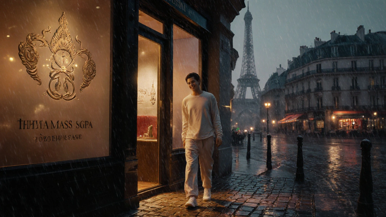 Façade parisienne d'un spa, éclairage chaleureux, client détendu sort.