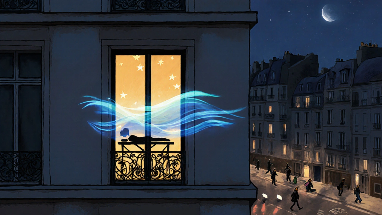 Fenêtre éclairée dans un immeuble parisien, silhouette en détente, énergie calme contre le tumulte urbain.