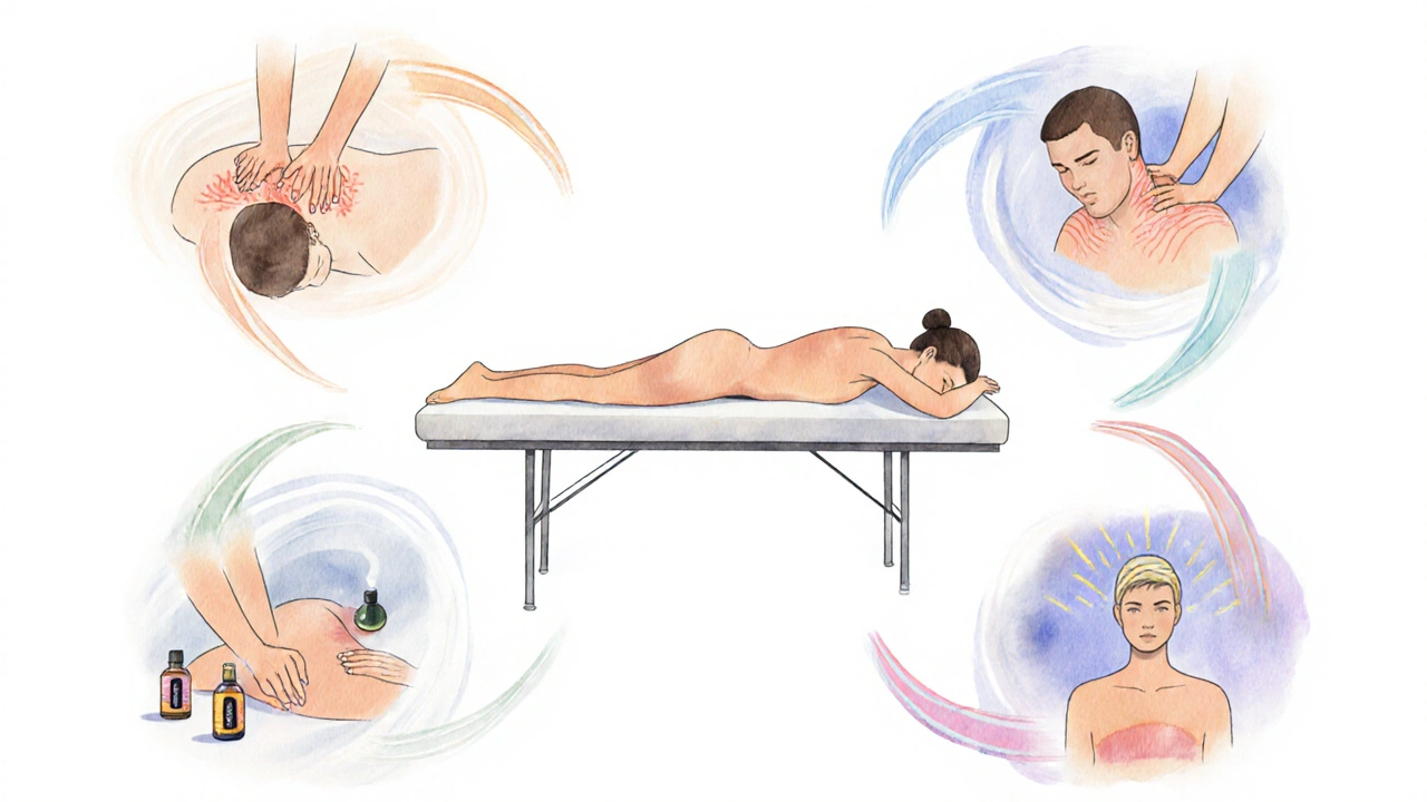 Illustration à l’aquarelle montrant cinq types de massages autour d’une personne détendue.