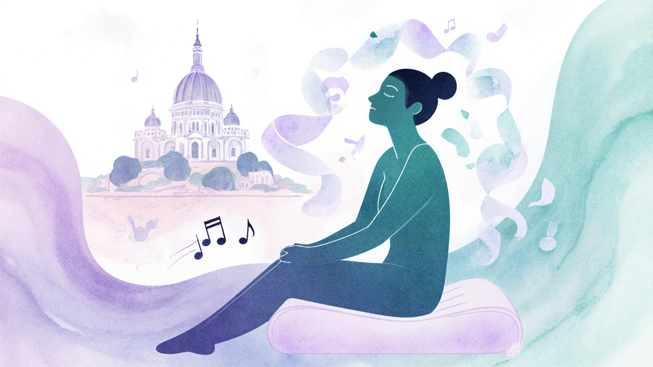 Illustration abstraite montrant le stress qui diminue et une silhouette détendue dans une ambiance pastel.