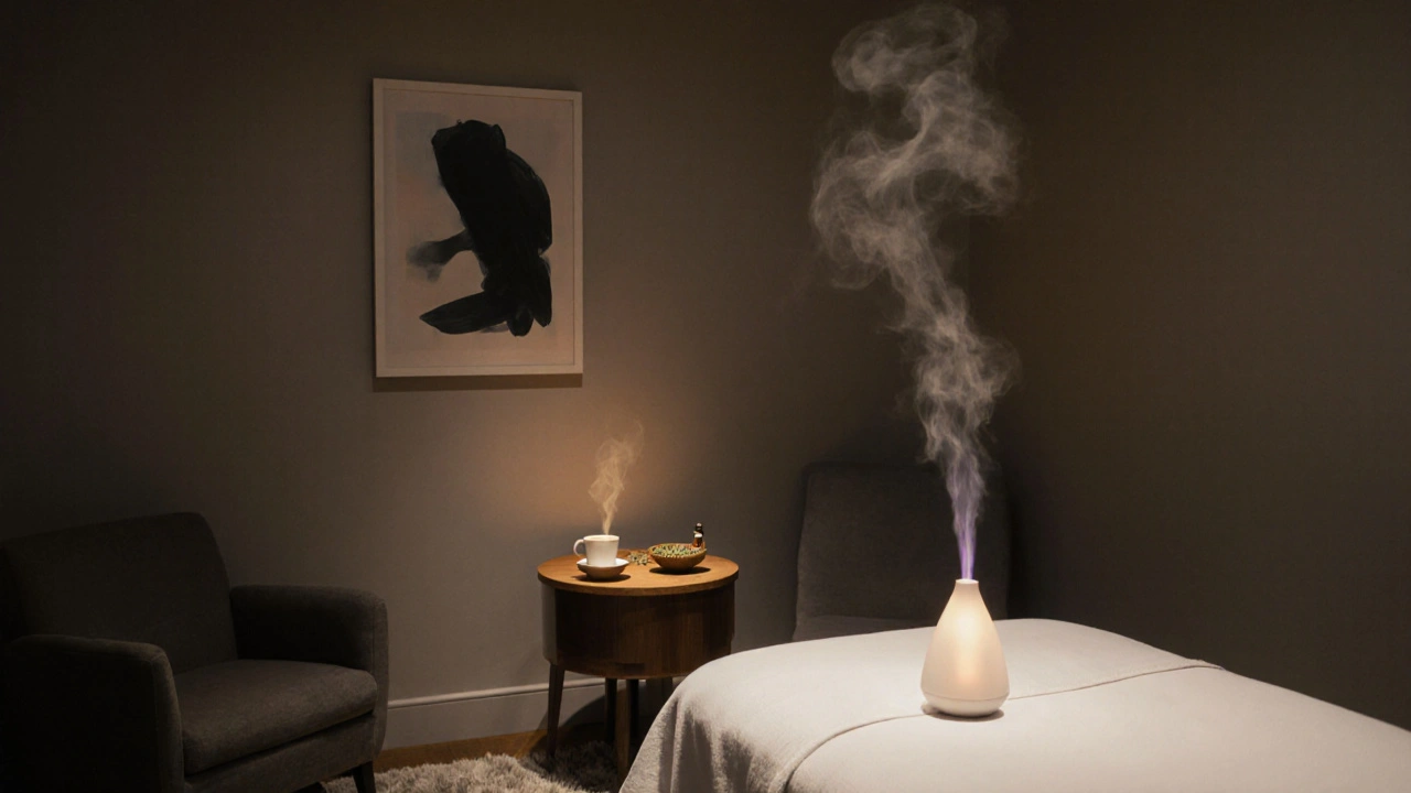 Intérieur apaisant d’une salle de massage avec lumière tamisée, diffuseur de lavande et thé aux herbes.