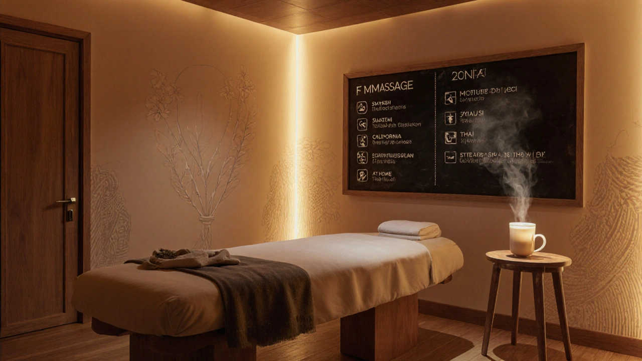 Intérieur doux d’un spa du 13e, éclairage tamisé, diffuseur, tableau des types de massages.