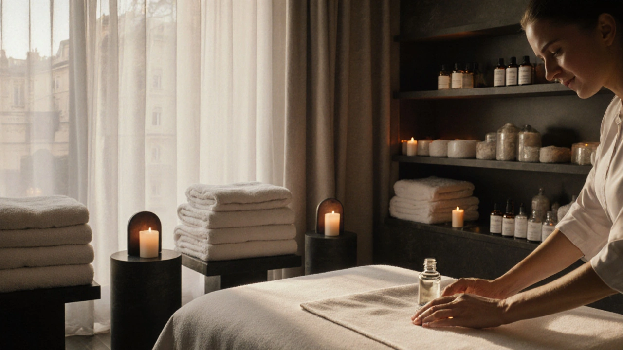 Intérieur élégant d'un spa parisien avec bougies, huiles et table de massage prête.