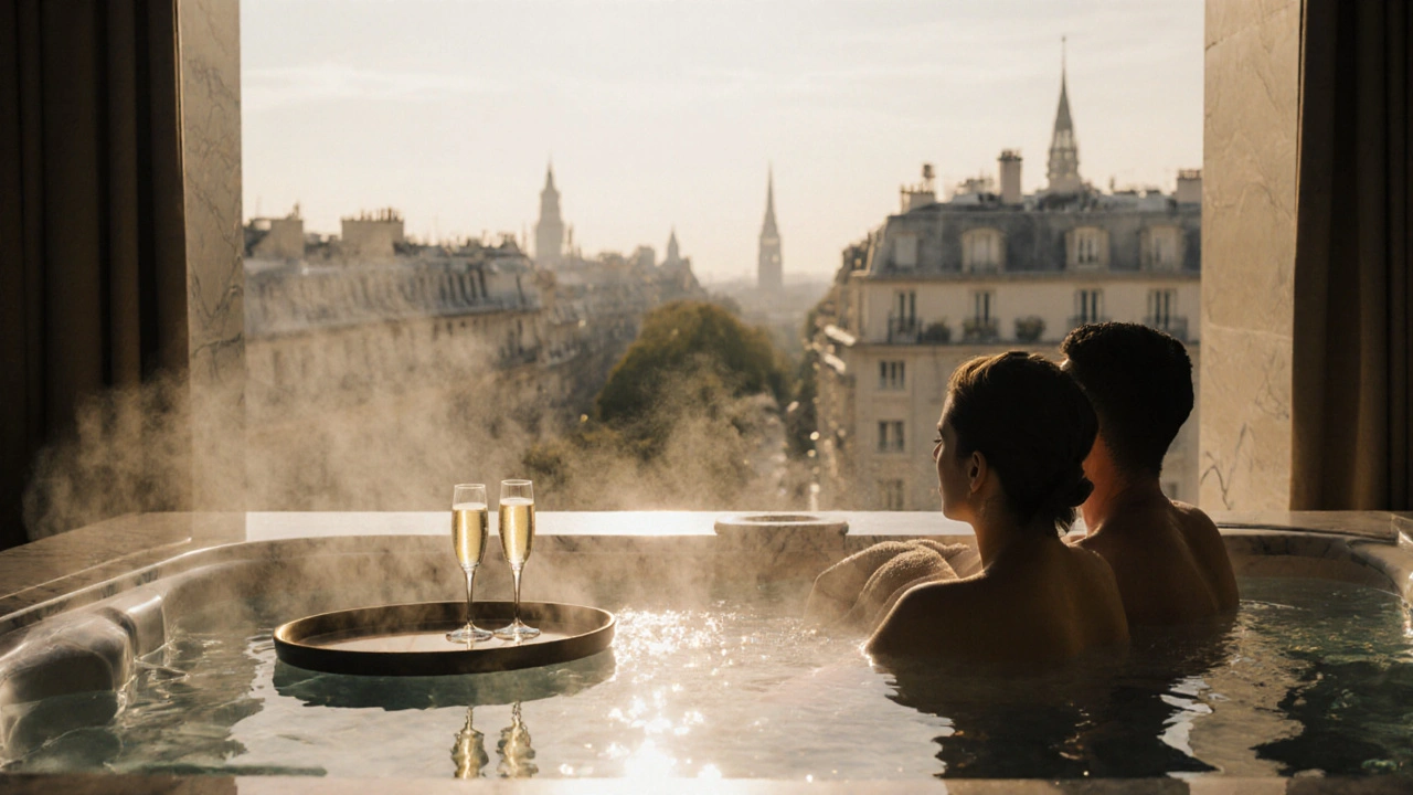 Jacuzzi privé avec deux flûtes de champagne et couple détendu après le soin.