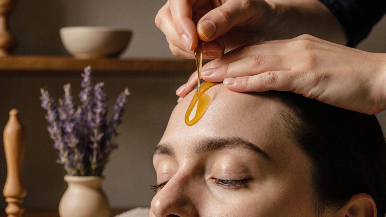 Mains appliquant de l'huile chaude sur les tempes et le cuir chevelu pendant un massage crânien, dans une ambiance apaisante.