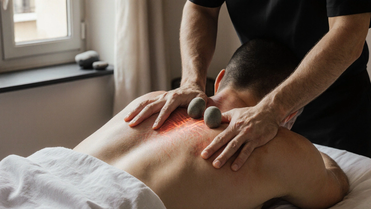 Massage thérapeutique en cours, mains sur le dos, pierres chaudes à côté, lumière naturelle.