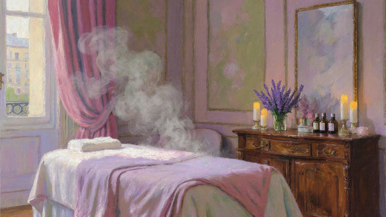Peinture impressionniste d&#039;une salle de spa luxueuse, éclairée par des bougies et des huiles essentielles.
