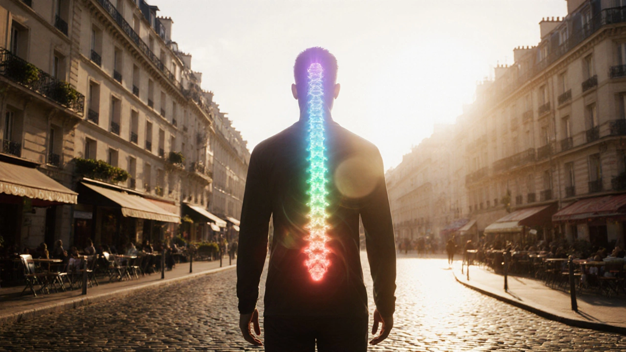 Personne debout à Paris, dos droit, aura lumineuse le long de la colonne, symbolisant une posture améliorée.