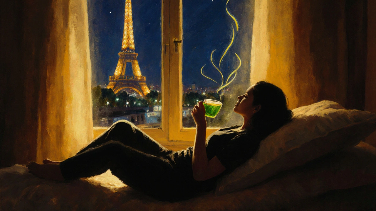 Personne détendue, tasse de thé vert, lumière douce et silhouette de la Tour Eiffel.