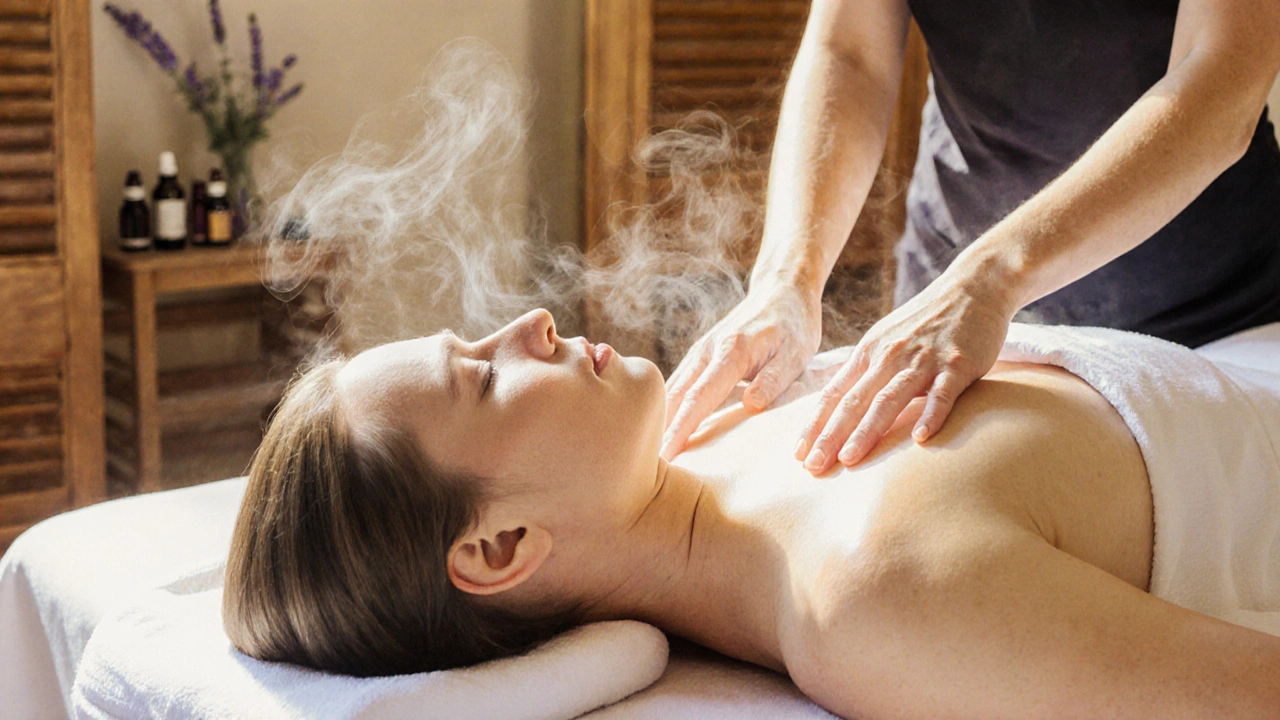 Personne en détente lors d'un massage, lumière dorée et vapeur douce, style aquarelle.