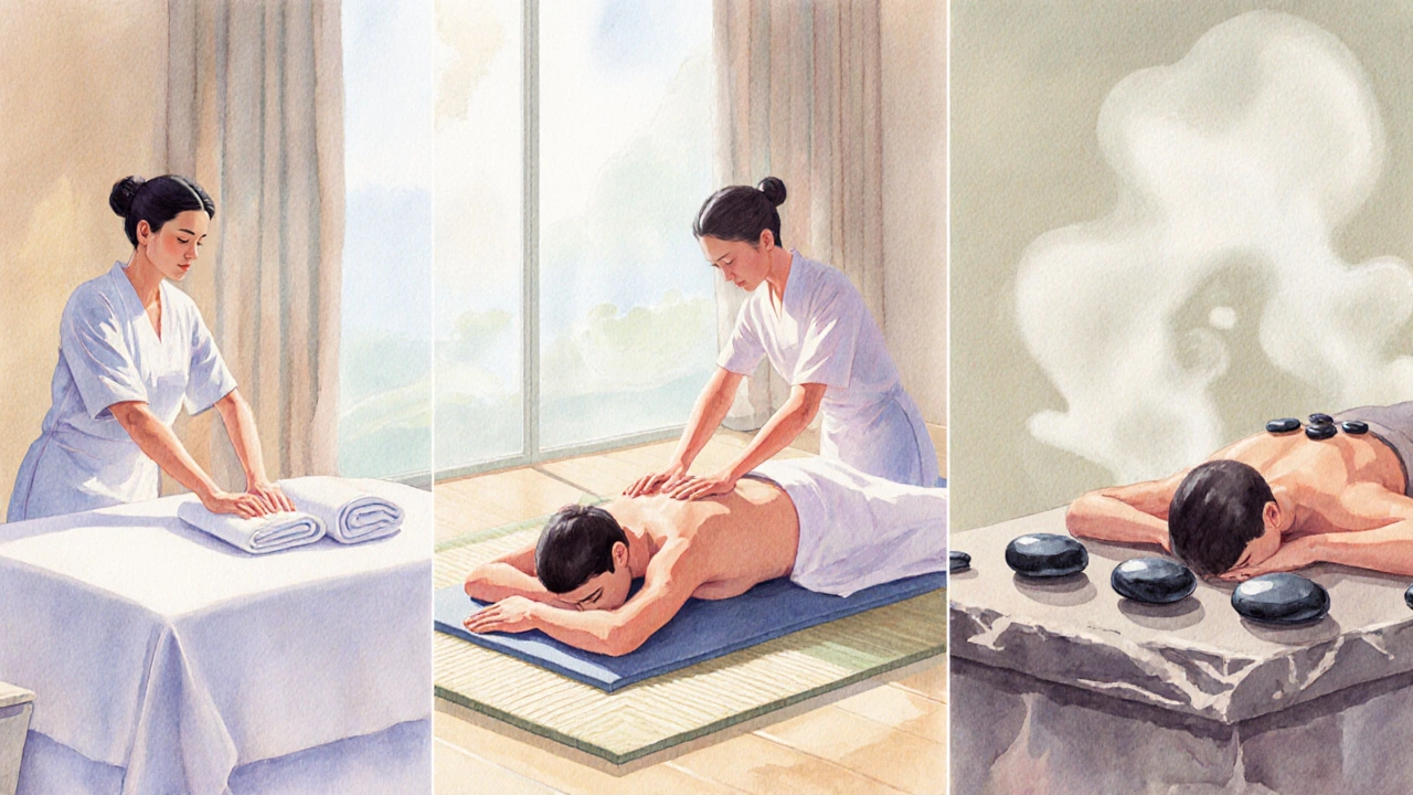 Salle de spa montrant un massage suédois, thaïlandais et aux pierres chaudes.