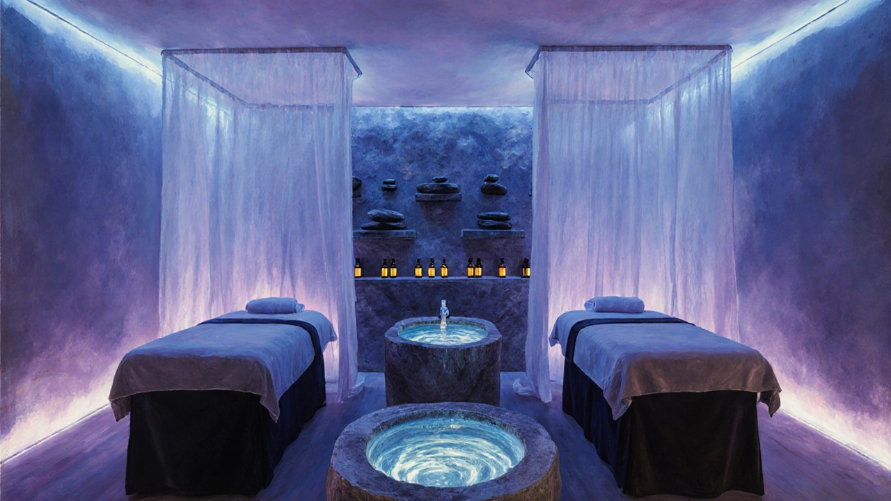Salle de traitement double décorée de lumières tamisées, bouteilles d&#039;huiles essentielles et bassin de pierre.