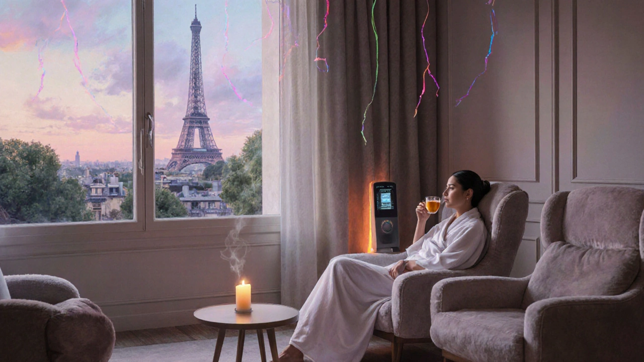 Salon de détente après séance high‑tech, client relaxe devant la tour Eiffel, ambiance pastel.