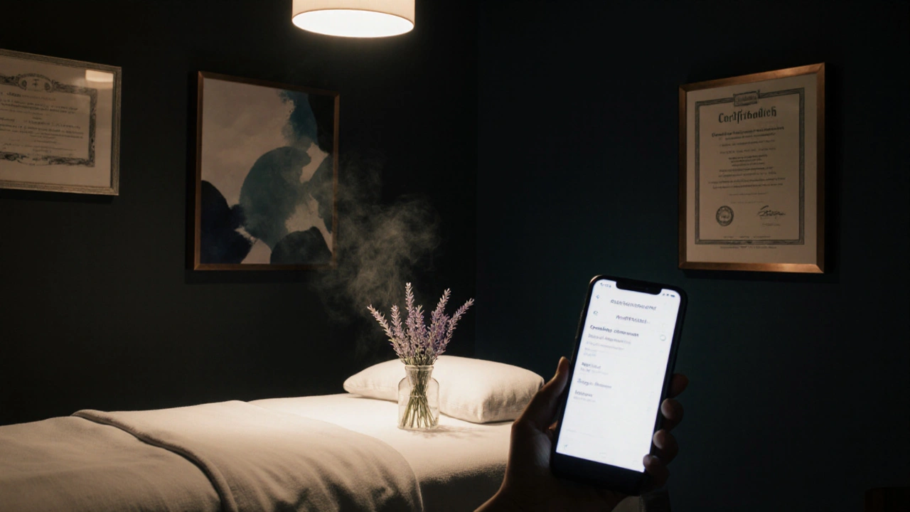Salon de massage moderne, table éclairée et smartphone montrant une réservation confirmée.