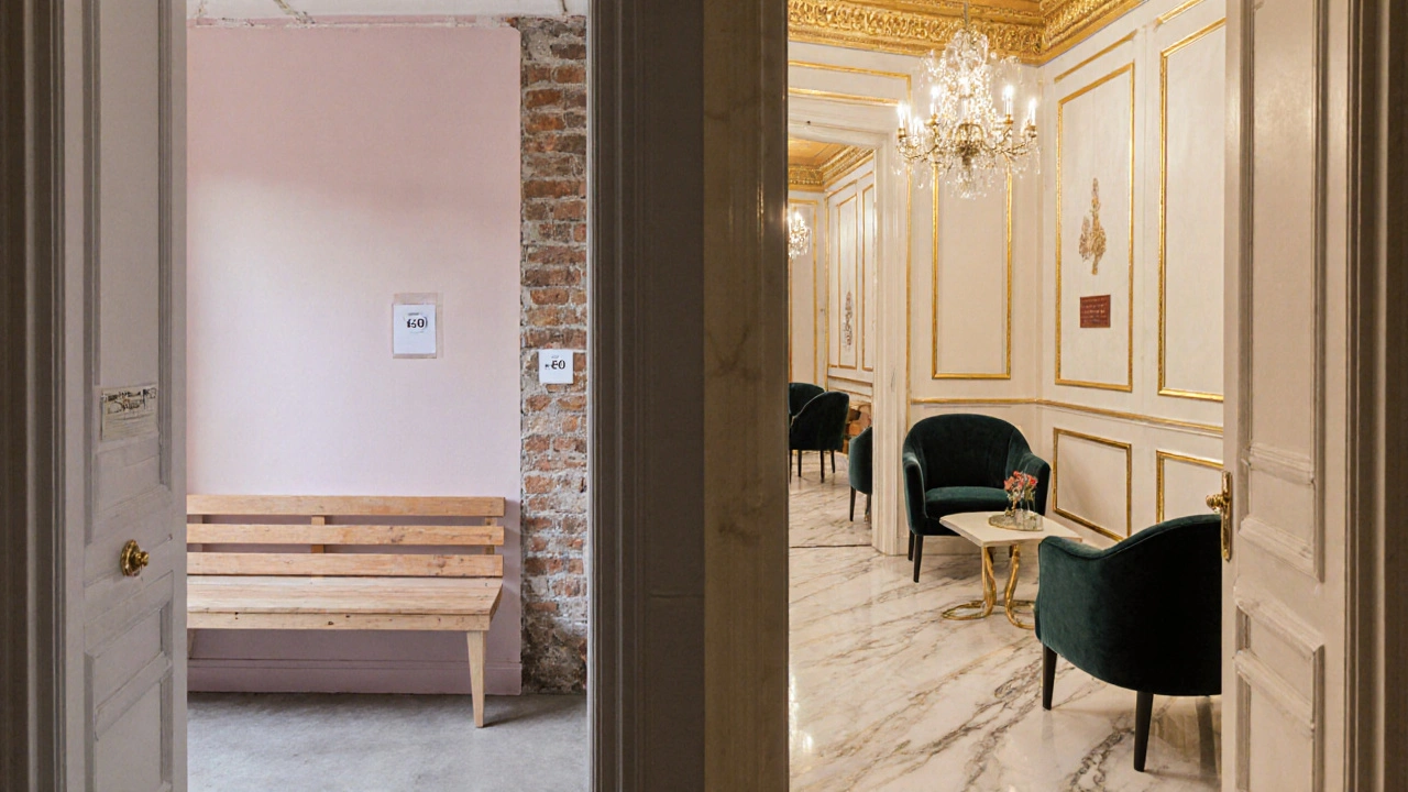 Scène contrastée montrant un espace bien‑être abordable du 13e à côté d’un lounge luxueux du 16e.