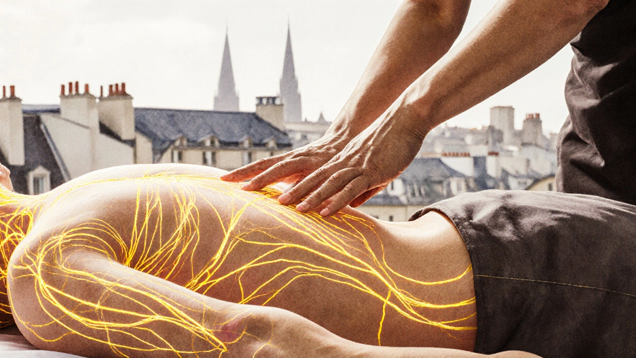 Schéma artistique des lignes énergétiques du corps illuminées pendant un massage thaïlandais, avec les mains du praticien en mouvement.