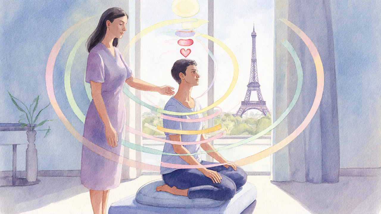 Silhouette d'une séance d'énergie, le client inspire, les chakras de la colonne brillent, ambiance apaisante.