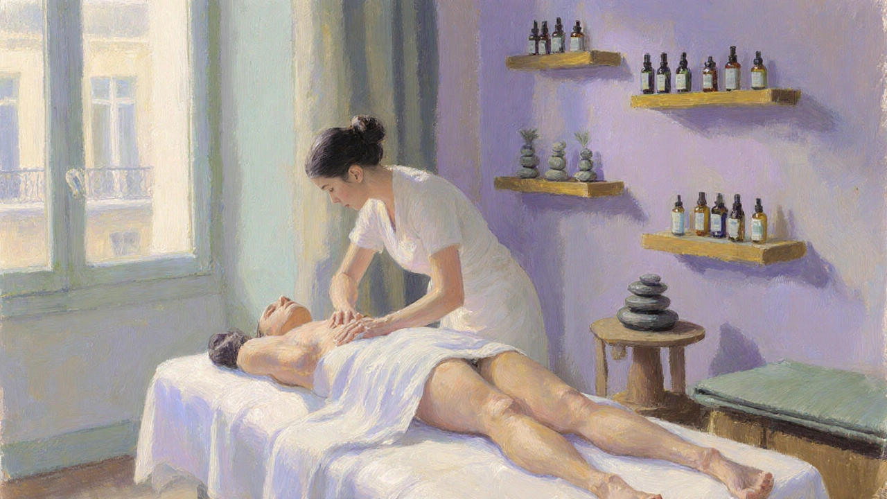 Thérapeute effectuant un massage suédois dans un spa lumineux et paisible.