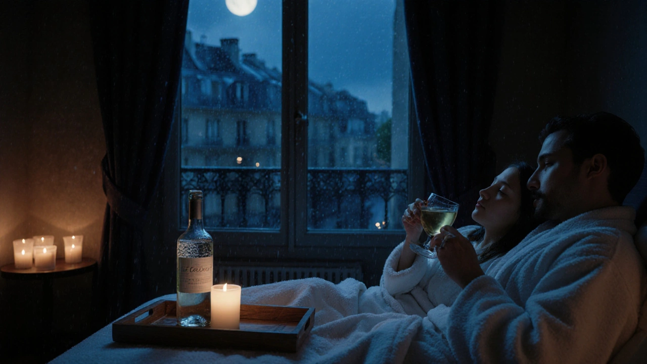 Un couple reposant après un massage, vêtu de peignoirs, sirotant une boisson chaude près d'une bouteille de vin dans une chambre de nuit.