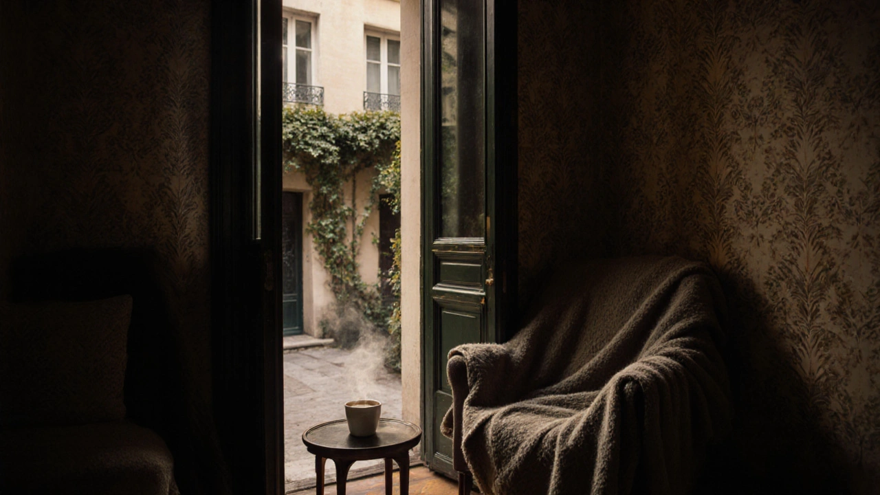Coin spa intime dans un appartement parisien, avec thé fumant et rideaux de lin.