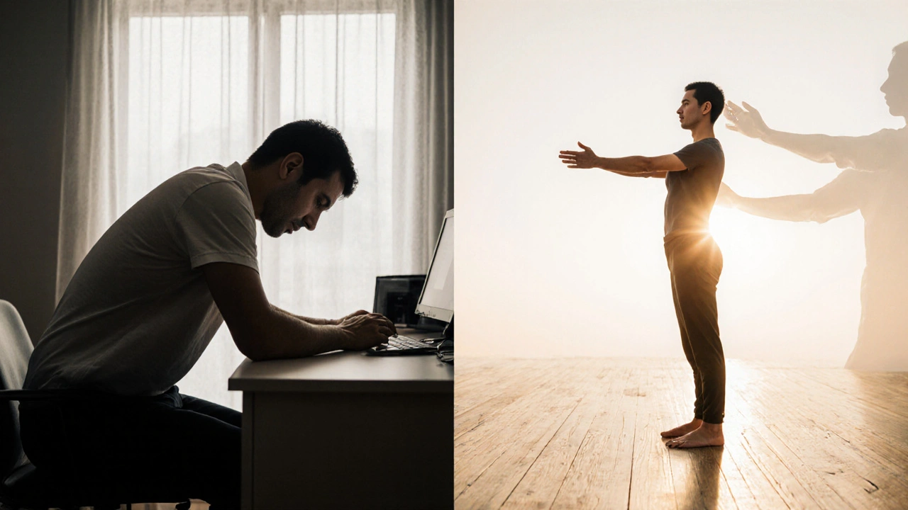 Comparaison visuelle d&#039;une posture raide avant et d&#039;une liberté de mouvement après un massage thaïlandais.