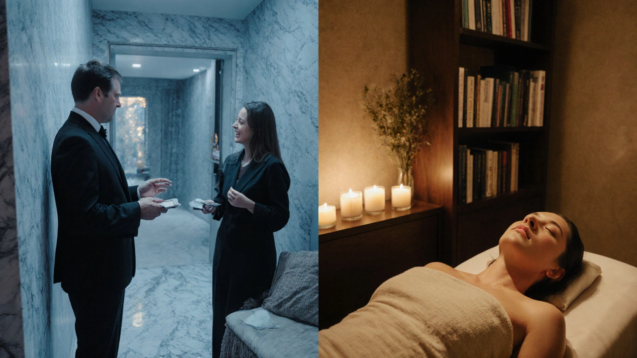 Comparaison visuelle : luxe froid du 16e vs chaleur authentique du 15e pour un massage bien-être.