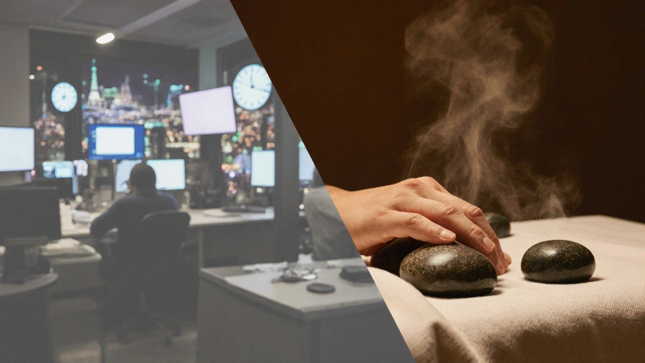 Contraste entre bureau stressant et moment de détente avec pierres chaudes sur une table de massage.