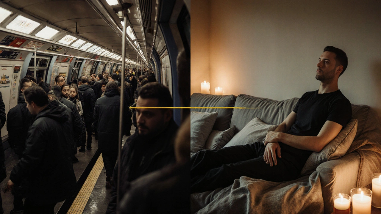 Contraste entre la foule stressante du métro parisien et un moment de détente apaisante à domicile, avec lumière dorée et ambiance calme.