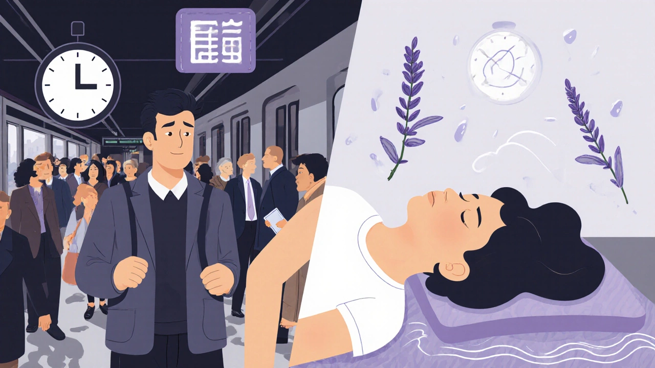 Contraste entre un Parisien stressé dans les transports et le même individu en paix chez lui, symbolisant le bien-être à domicile.