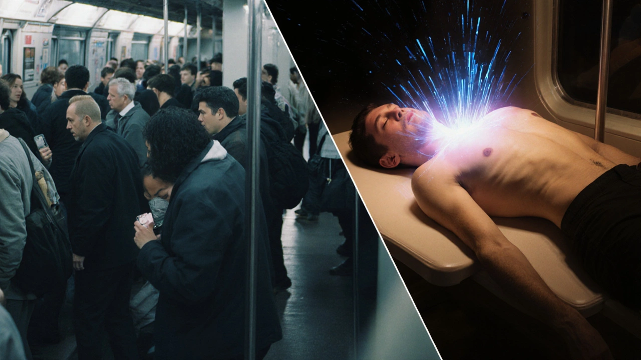 Contraste entre une personne étouffée dans la ville et la même personne libérée et lumineuse en massage.