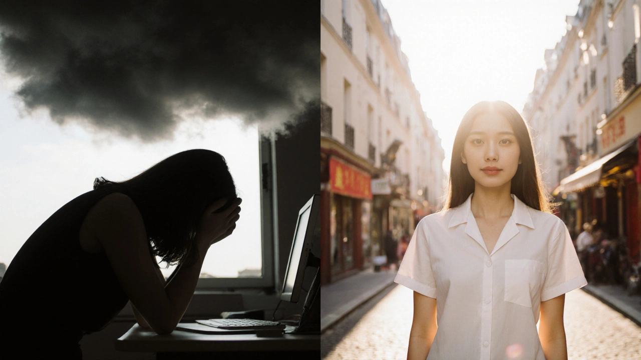 Contraste visuel entre stress et libération énergétique après un massage chinois traditionnel.