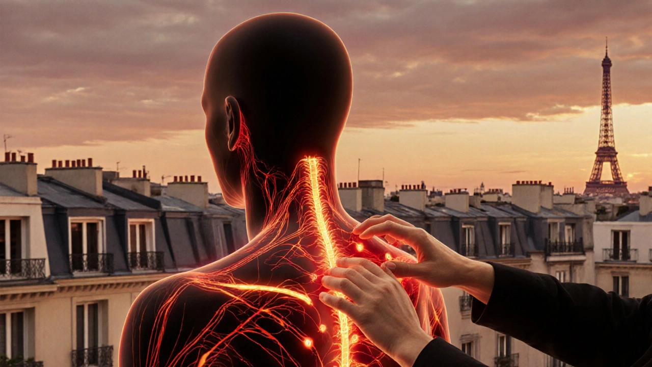 Corps humain avec méridiens énergétiques brillants, mains appliquant une pression sur des points d&#039;acupression, fond urbain discret.