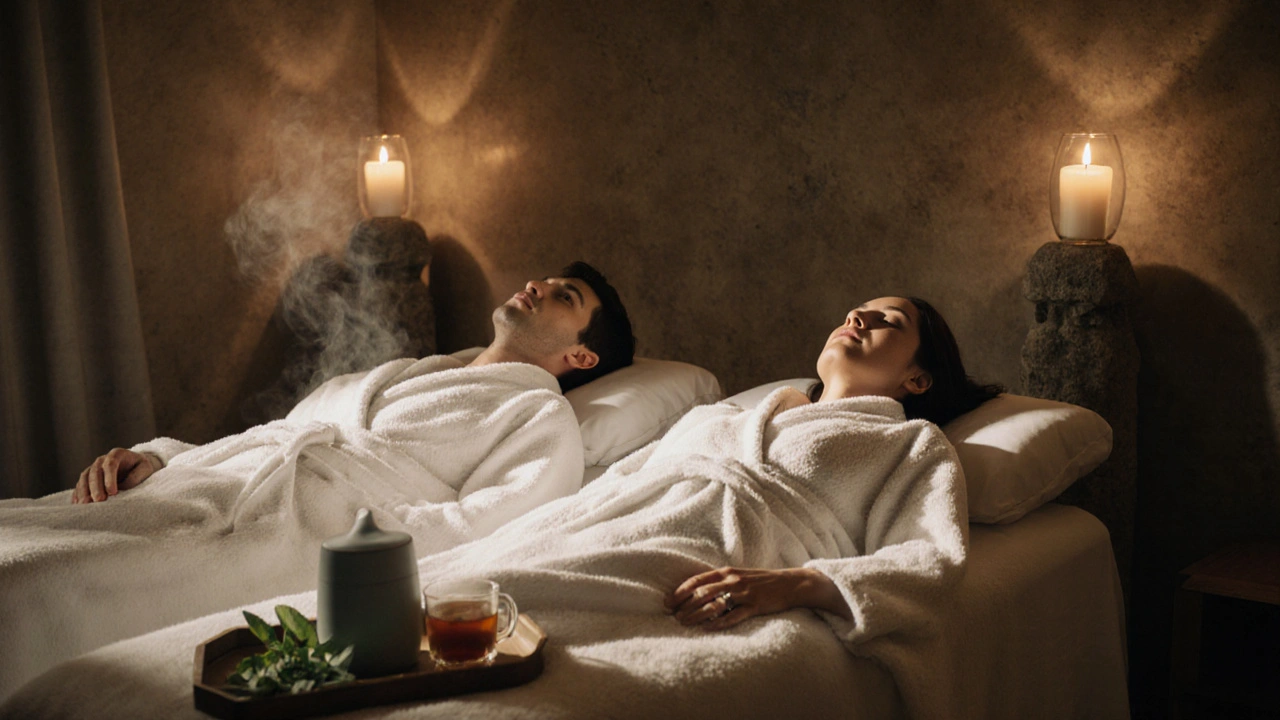 Couple allongé côte à côte en massage, dans une pièce calme et éclairée par des bougies, en robe de bain blanche.