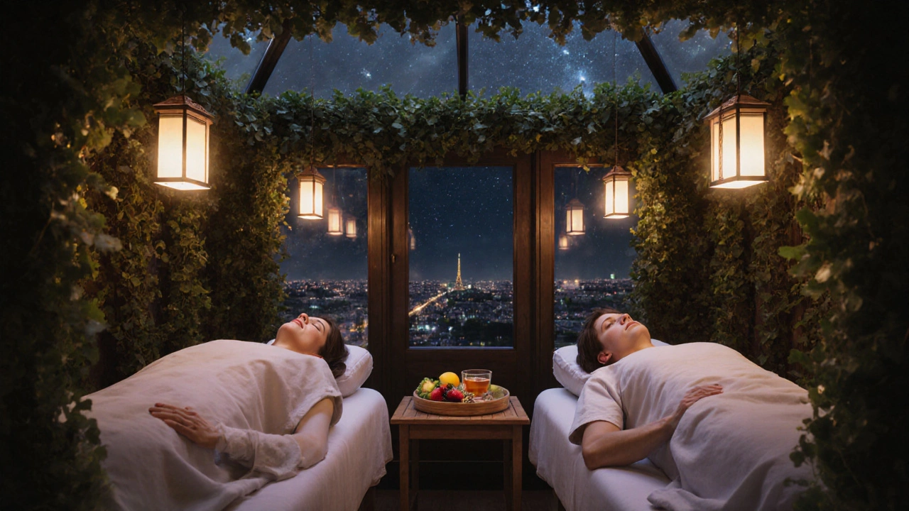 Couple en massage côte à côte dans une suite privée, sous un toit ouvert sur le ciel étoilé, dans un espace végétalisé.