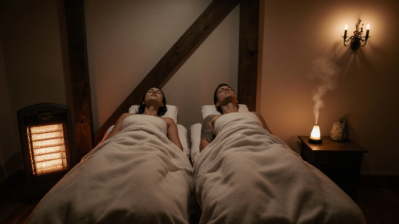 Couple en massage côte à côte, recouvert de serviettes, dans une ambiance apaisante et chaleureuse.