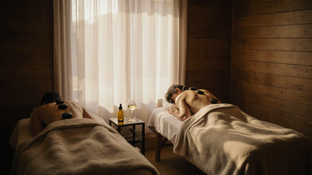 Couple en massage sur deux lits côte à côte, couverts de laines, avec des pierres chaudes et un verre de vin.