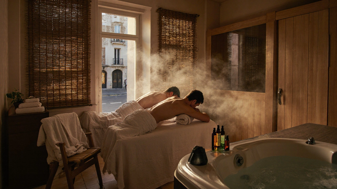 Couple en train de se faire masser côte à côte dans un spa, avec un jacuzzi et de la vapeur en arrière-plan.