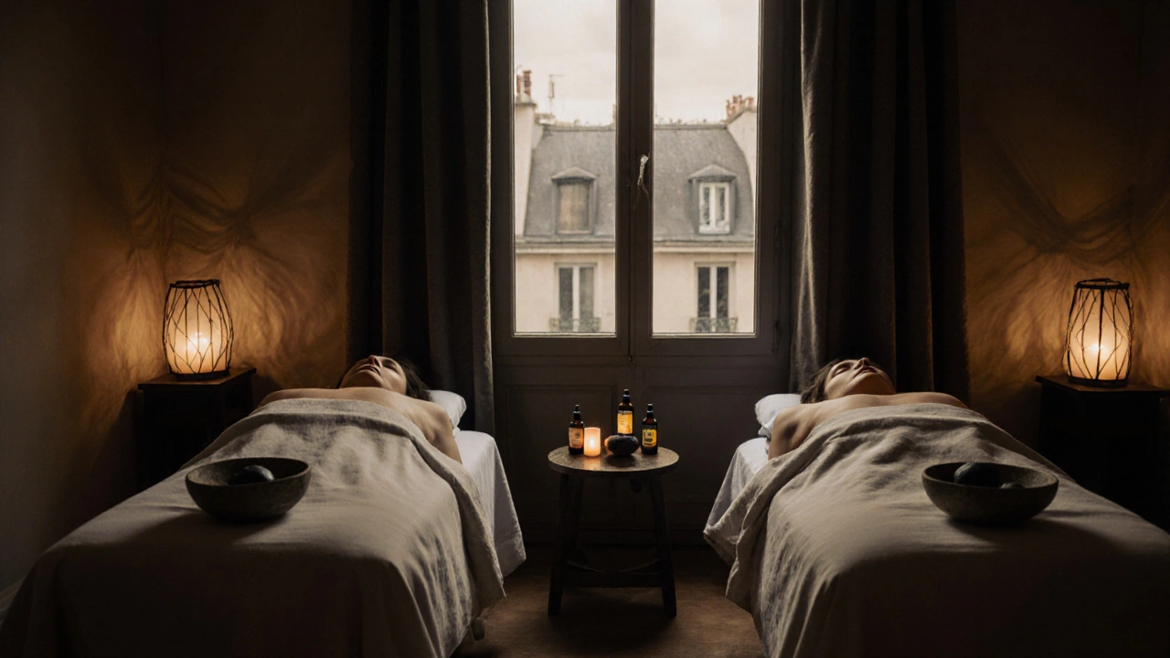 Couple recevant un massage côte à côte dans un espace calme et luxueux à Paris.