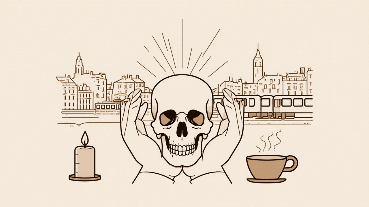 Crâne stylisé soutenu par des mains apaisantes, avec des lignes d&#039;énergie symbolisant le calme mental et la détente profonde.